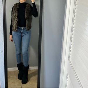 Boho Winter Faux Fur Vest XS – Cozy Brown & Gray Layering Piece